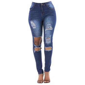 

New Arrival Woman Denim Pencil Pants Winter Jeans Fashion Button Ripped Zipper Pocket Trousers Jeans Casual Denim Pants Y919