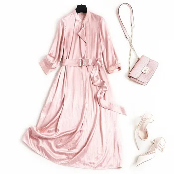 

Pink Stripe Dress Office Lady A-Line Ruffles Long Dress Elegant Stand Collar Mid-Calf Vestido De Viscose Vestido Rosa De Fiesta