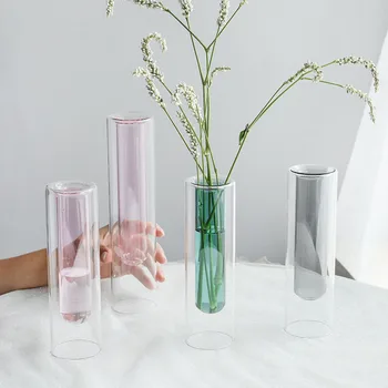 

Transparent Glass Test Tube Flower Vase Double Color Hydroponics Flower Arrangement Plants Holder Minaiture Model Office Decor