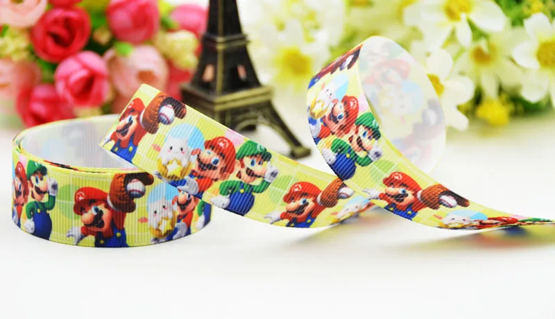 7/"(22 мм) вечерние Сатиновые ленты с принтом героев из мультфильма" Super Mario Bros ", X-02102, OEM, 10 ярдов