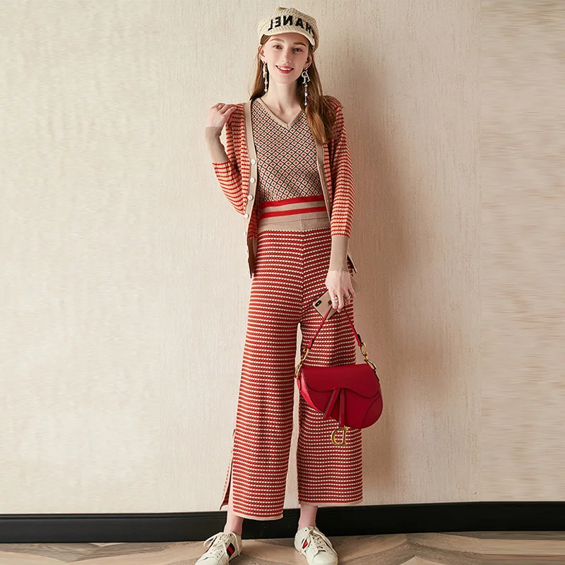 

Stylish Knit Tank Tank+High-waist Wide Leg Three Pack Women's 2019 New V-Neck Single Breasted Winter 3 Piece Set