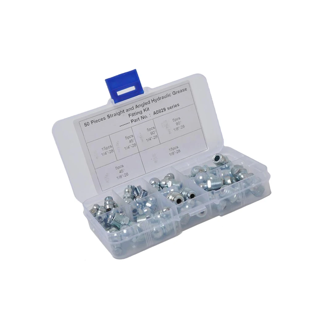 50pcs Grease Hydraulic Zerk Fitting Kit grease fitting kit 1/4" 1/8" SAE Straight 90 45 Degree