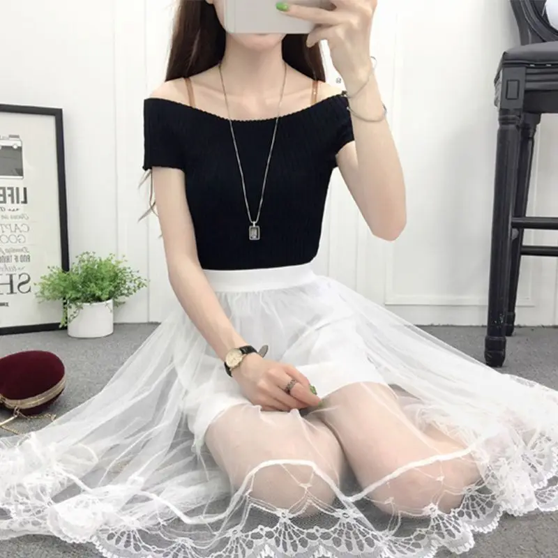 Women Girls Summer High Waist Layered Sheer Mesh Swallowtail Midi Long Skirt Asymmetric Scalloped Lace Hem Pleated Party Dress