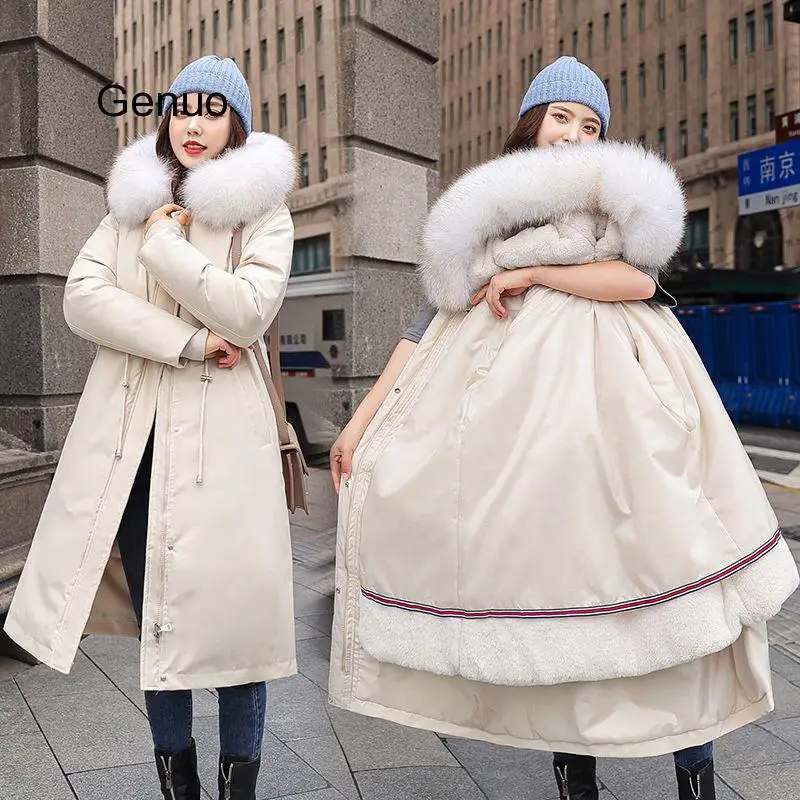 Winter Hooded Parkas Coat Women's Thick Big Faux Fur Collar Middle Long Coat Parka Coats Winter  Abrigo Femme 2020 New