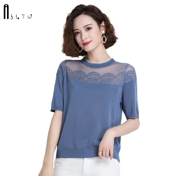 

ASLTW Summer T-Shirt Women New Causal Lace Stitching O Neck Short Sleeve T-shirts For Women Thin Knitted Slim Female Tees Top