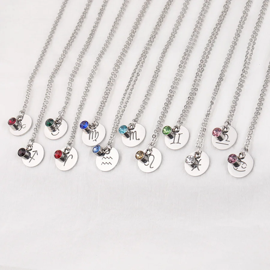 

10pc European and American Zodiac Necklace Lucky Star Guard Constellation Necklace Mirror Stainless Steel for Both Men and Women