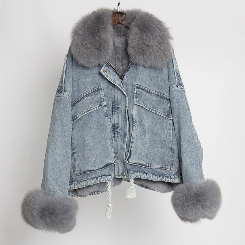 

Denim jacket with fur plus size 2019 parka real fox fur collar winter coat women kawaii real rabbit fur jackets korean clothing