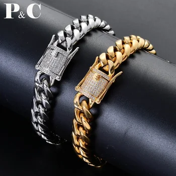 

New Hip Hop Jewelry New Style Fashion Gold/Silver Color Micro Pave CZ Stone Bracelet 11mm Width Link Chain Bracelets For Men Gi