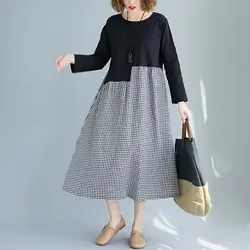 2019 осень новое поступление женское платье больших Размеры лоскутное клетчатый, хлопчатобумажный с длинным рукавом Повседневное