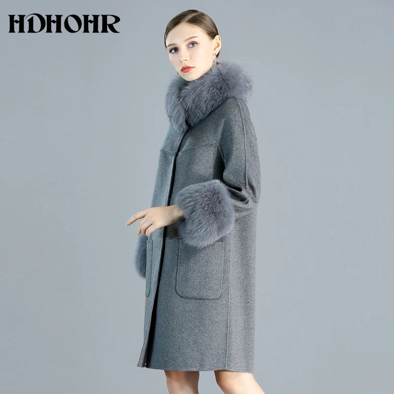 HDHOHR Новое кашемировое пальто женский воротник с натуральным лисьим мехом Куртка тонкая мода зима Натуральная лиса женское меховое пальто