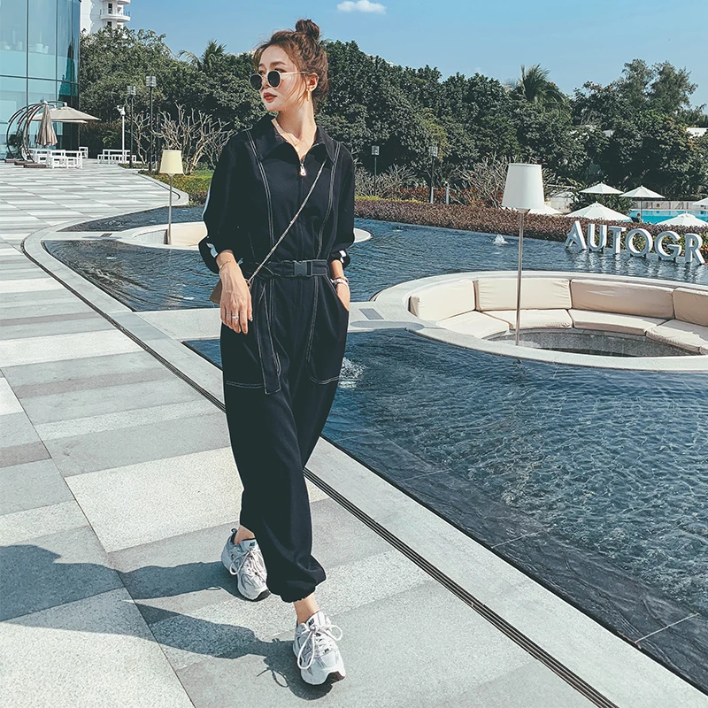 Black Jumpsuit with Belted Women Long Sleeve Streetwear Hip Hop Gothic Harem One Piece Cargo Pants Loose Overalls Rompers 8813 |