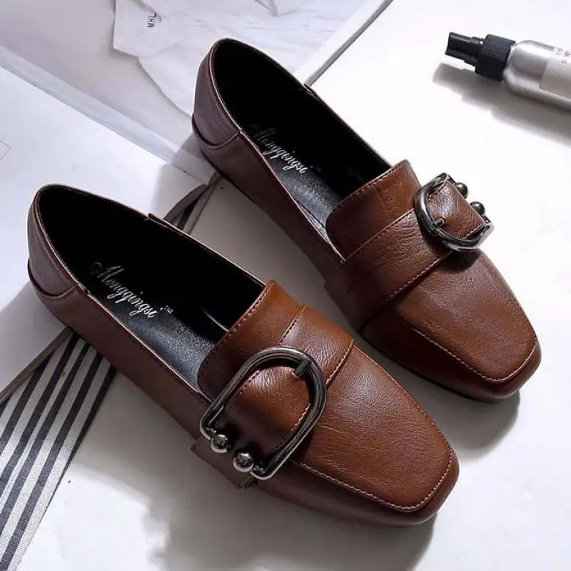 

Plus Size 34~43 Spring Ladies Slip On Loafers Genuine Leather Ballet Flats Shoes Women Moccasins Breathable Square Toe Shoes