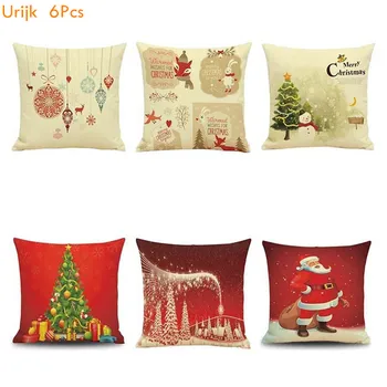 

6Pcs Merry Christmas Santa Claus Polyester Linen Throw Pillow Cushion Cover Car Home Sofa Decorative Pillowcase 45*45cm
