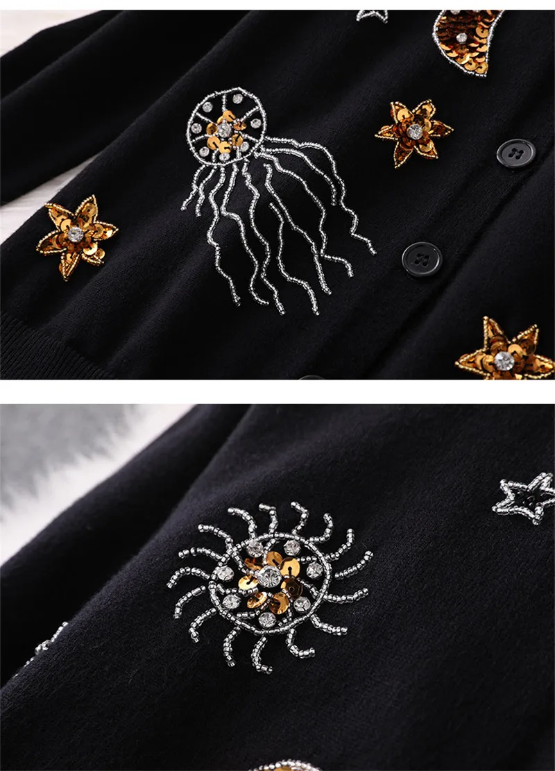 Модный дизайнерский осенне-зимний свитер для подиума, женский свитер с длинными рукавами, украшенный блестками и бриллиантами, вязаный кардиган, пальто, женская верхняя одежда