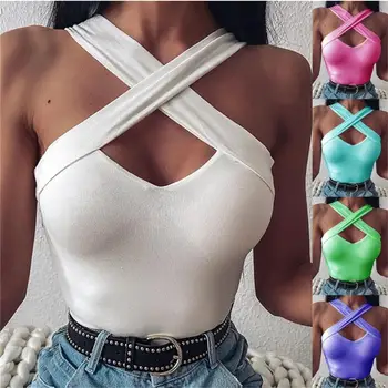 

Summer Sexy Womens Crop Top V Neck Solid Color Criss Cross Skinny Womens Tanks Casual Designer Club Ladies Tops