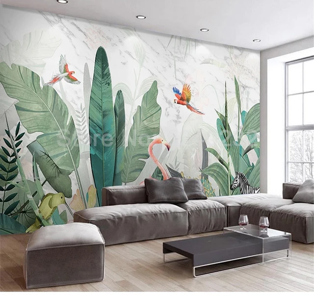 Papel pintado con foto 3D personalizado, cuadro de pared moderno de bosque  Tropical, hoja, Animal, flamenco, Mural de fondo de TV para sala de estar -  AliExpress