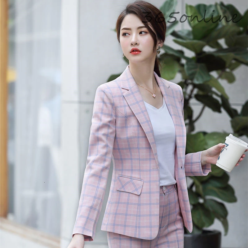

High Quality Fabric Elegant Pink Plaid Formal Uniform Designs Pantsuits with Pants and Jackets Women Business Suits Blazers Set