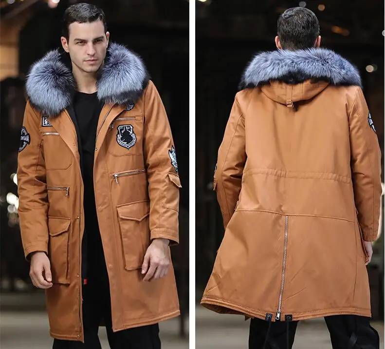 Men Brown Мужские кожаные куртки, зимние пальто с кроличьим мехом, съемная подкладка, хлопковое пальто с воротником лисы, ветровка - Цвет: Men Brown