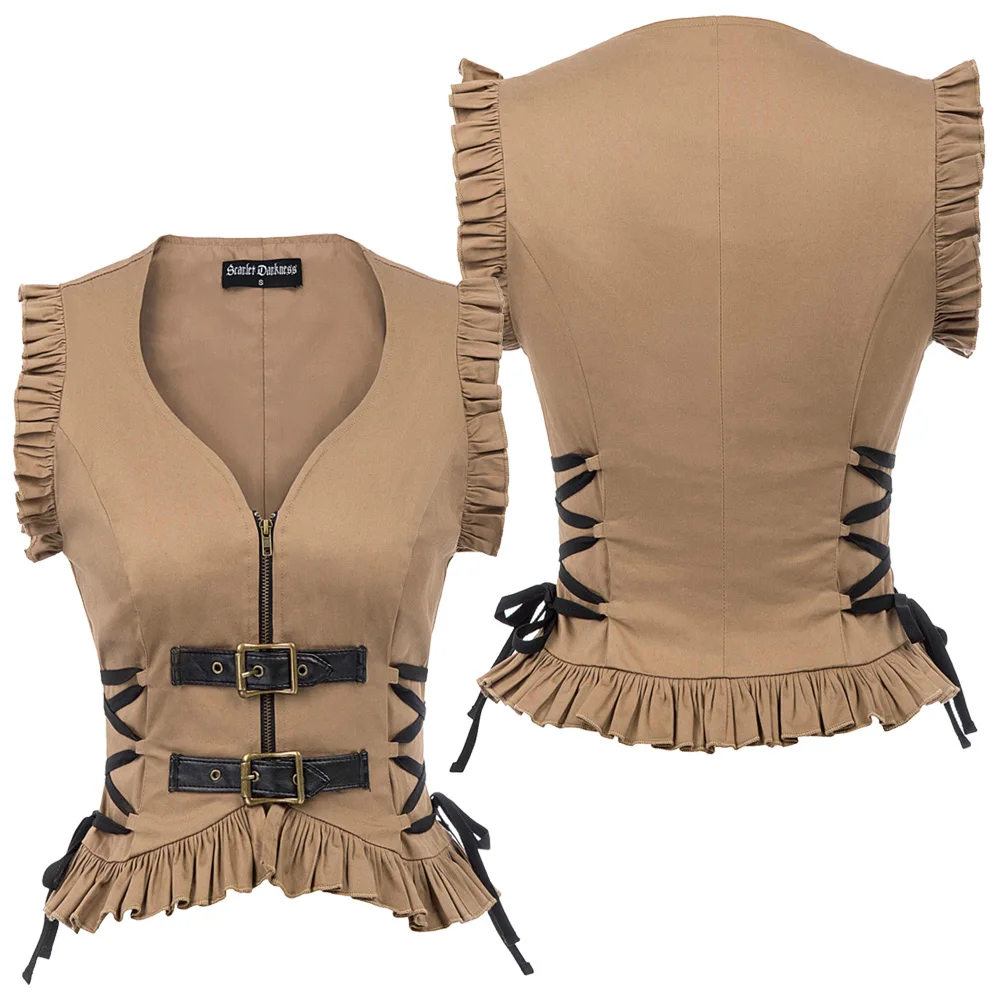 New vintage Women jacket sexy cool Steampunk Zip-up Coat Sleeveless Ruffled Hem Gothic clubwear party f