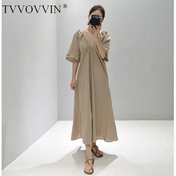 

Korea Loose short sleeve V-neck cotton and linen dresses famale temperament 2020 summer irregular clothes with pockets Y050