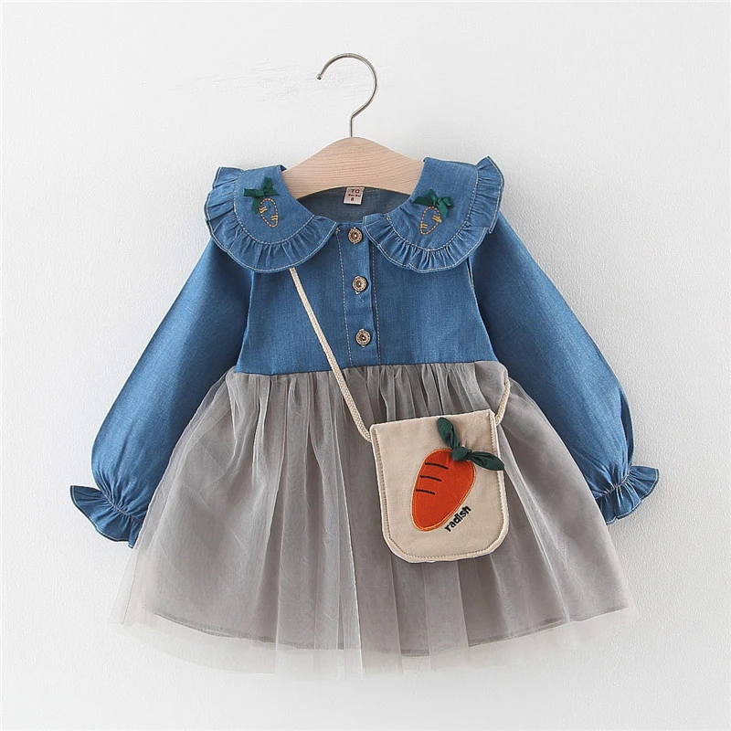New Autumn Baby Girl Dress 0-3T Toddler Cute Bow Decoration Solid Color Dress Korean Style Long-sleeved Girls Denim Dress