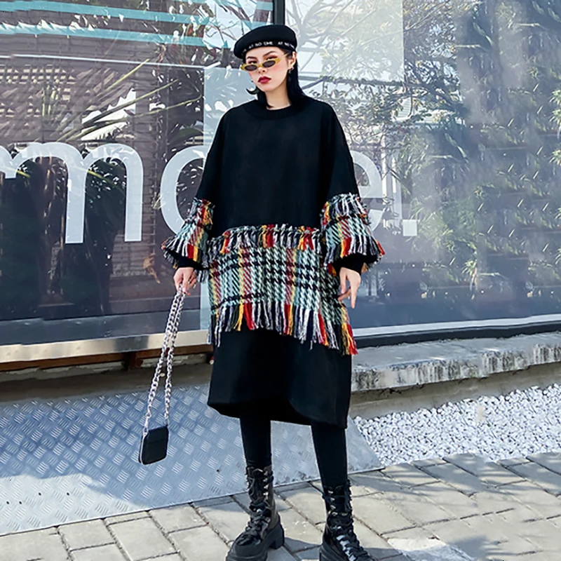 Женское шерстяное платье в клетку с кисточками большого размера, новинка, круглый вырез, длинный рукав, свободный крой, мода, весна-осень AS041