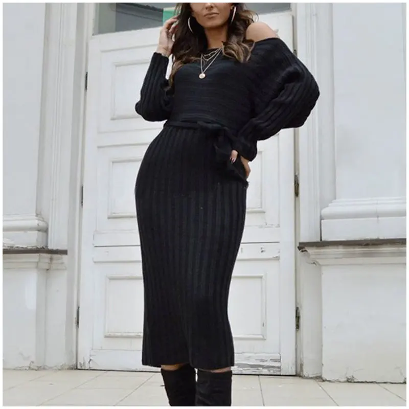 Women Long Sleeve Dress Casual With Belt A-line Black Newest Style Elegant Loose Office Midi Work Party Dresses | Женская одежда