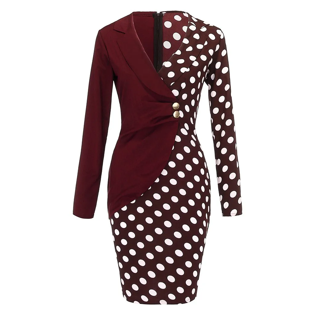 Feitong женская мода, платье Vestido, длинный рукав, пуговицы, узор в горошек, пэчворк, бодикон, блейзер, офисное, женское, мини платье