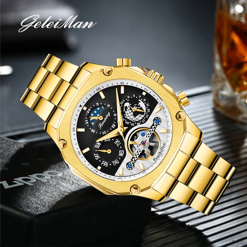 FORINING брендовые модные автоматические механические часы мужские часы Moon phase Tourbillon часы для мужчин s подарки часы Relogio Masculino