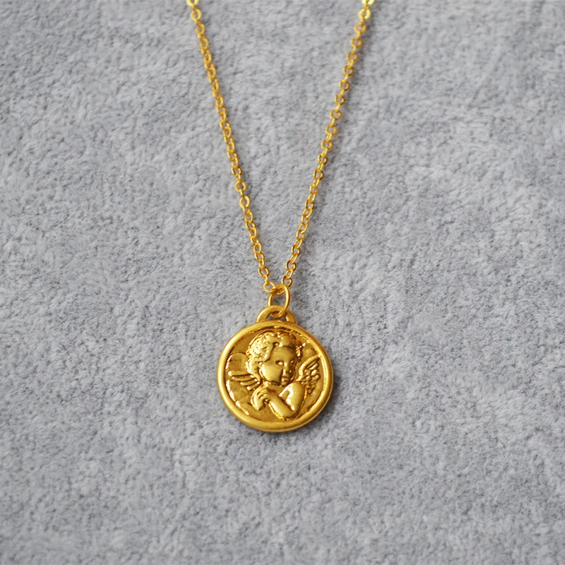 

Origional INS Simple Brass Retro Matte Gold Cute Angel round Plate Coin Pendant Fashion Necklace