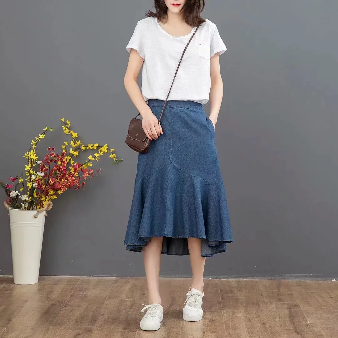 

Japanese-style Mori Girl Line 2019 Spring And Summer New Style Solid Color College Style Versatile Waist Hugging Cowboy Half-len
