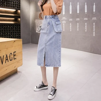 

Fashion High Waist Was Thin Skirt Ladies Summer Retro Pockets A-line Women Jeans Skirts Korea Casual Split Denim Skirt