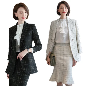 

Elegante Women's Skirt Suits Plaid Blazer Suits Office Wear Formal Sets Blazer Trumpet / Mermaid 2 piece Set OL Jacket & Skirt
