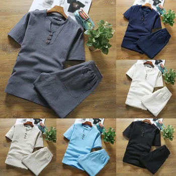 

High quality cotton and linen thin linen set, slim solid color short-sleeved T-shirt large size loose casual breathable trousers