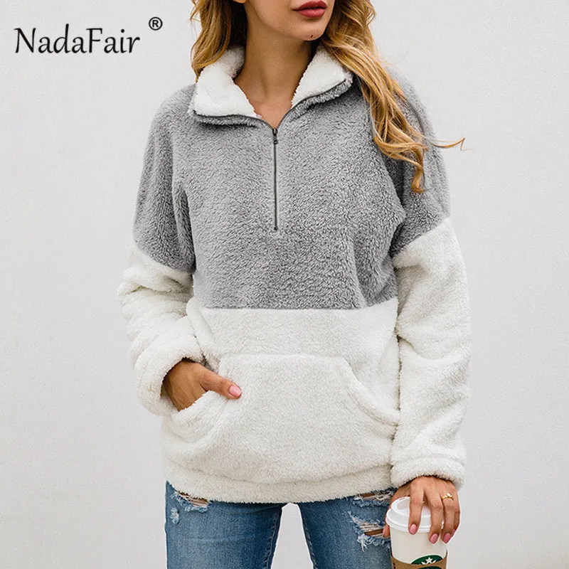 

Nadafair Zipper Long Sleeve Turtleneck Autumn Hoodie Women Winter Pocket Fur Fluffly Fleece Plush Sweatshirt Pullover