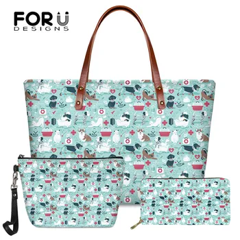 

FORUDESIGNS Cartoon Nursing Dogs Pattern Handbag& Wallet 3pcs/set Brand Designer Tote Bags Summer Beach Shoulder Bags Sac A Main