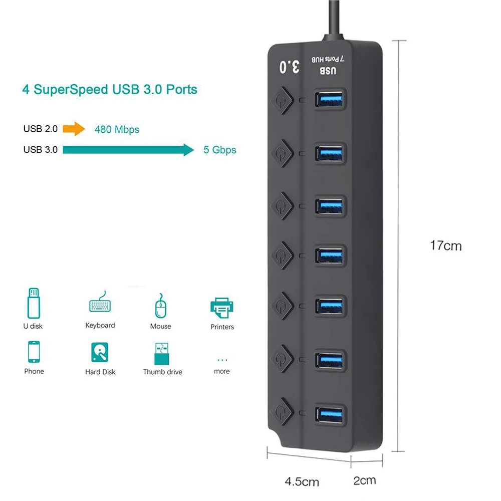 

For PC Computer Multi USB 3.0 Hub USB Splitter High Speed 4 / 7 Ports 5Gbps High Speed On*Off Switches AC Power Adapter