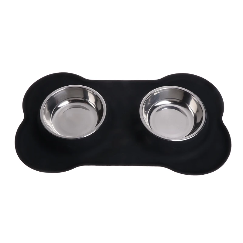 Pet Dogs Double Bowl Silicone Mat Non Slip No Spill Food Feeder Stainless Steel
