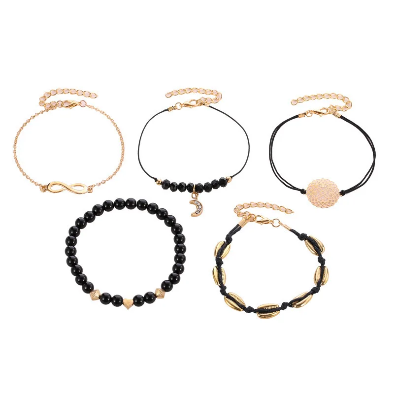 Bracelet Jewelry 5pcs/set Bohemia Shell Moon Charm Bracelet set Women Heart Geometric Black Beads Chain Bangle Girls Fashion Jewelry Gift