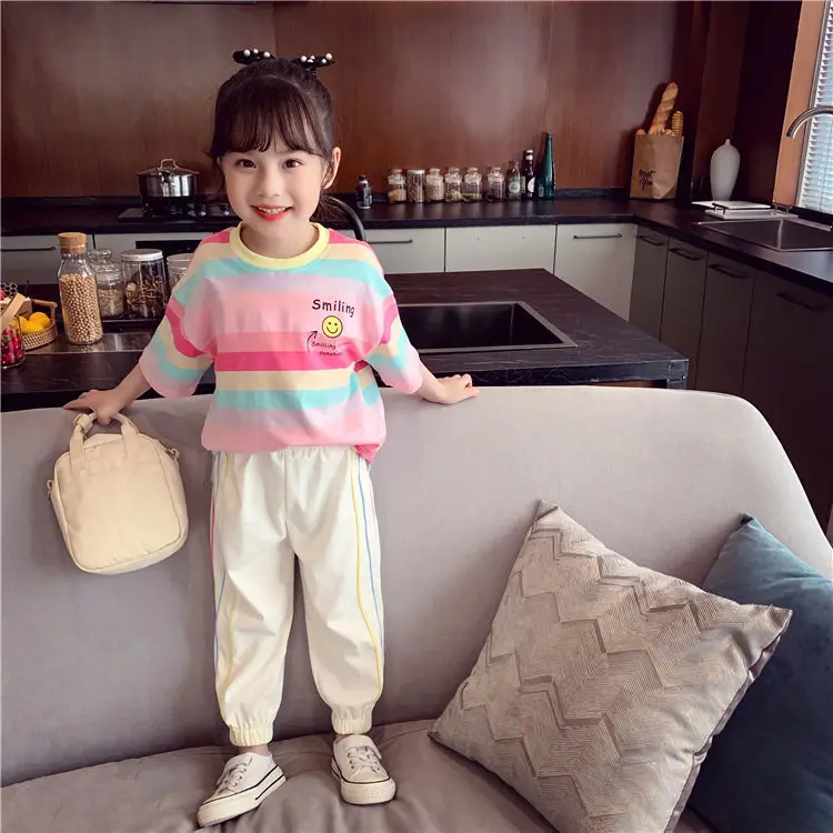 supreme shirt Girls short sleeve T-shirt summer smile face children's leisure half sleeve cotton t-shirts children's striped tees P5156 vintage t shirts