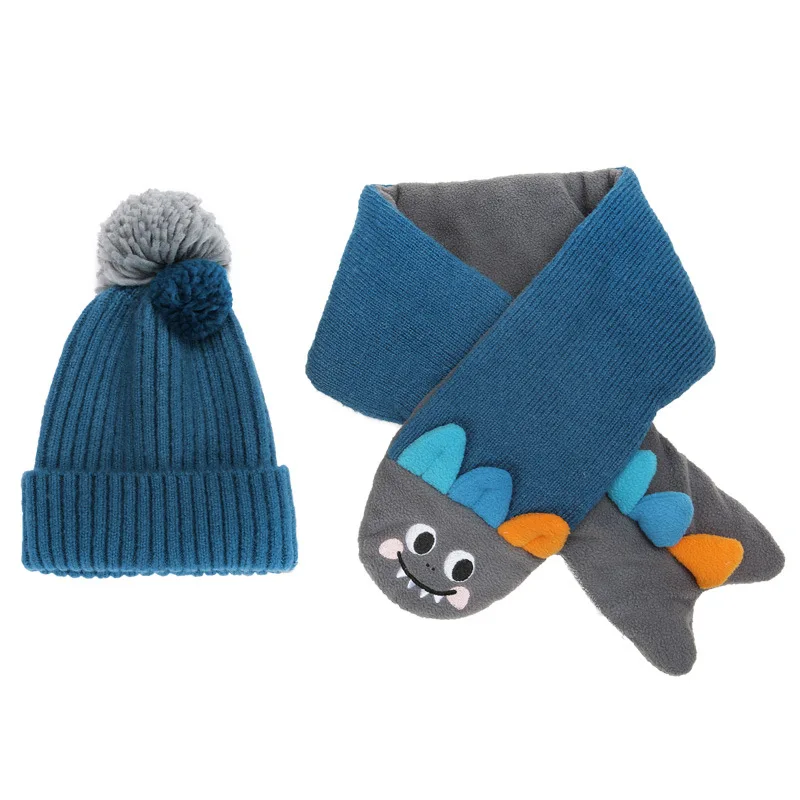Зимние теплые детские шапки и шарфы, комплект, зимняя шапка с помпоном динозавра, модная Высококачественная детская брендовая Теплые трикотажные шапки, шарфы