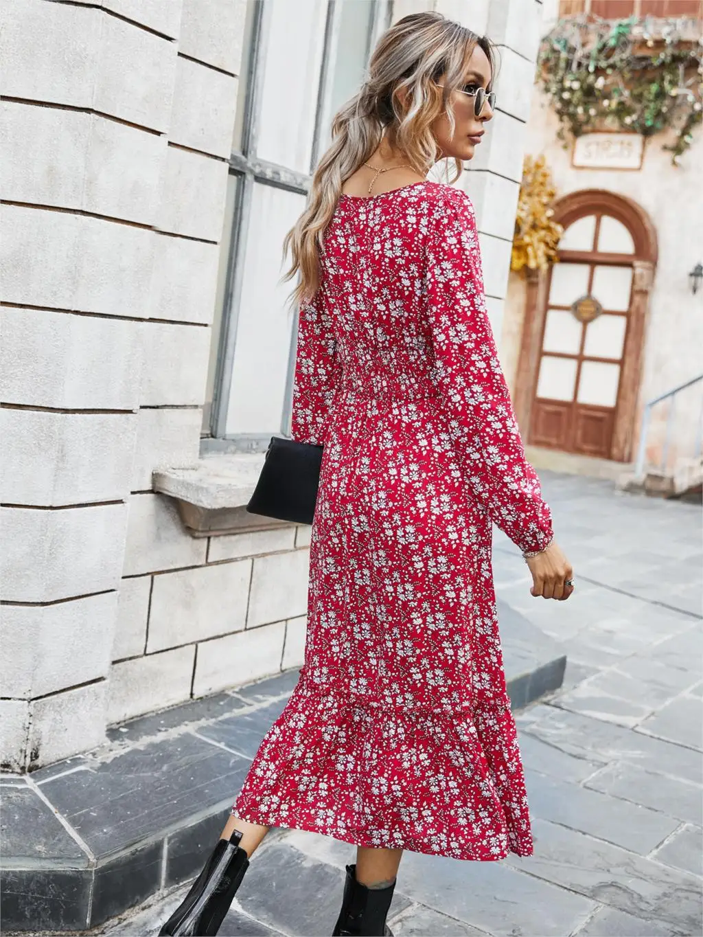 Chifirena Elegant Party Mid-Length Vintage Autumn Dress Women Square Collar Floral Print Ruffles Casual Dresses Minie Vestidos