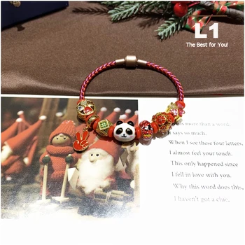 

Yeh Charm Miikey Cartoon Red Four Leaf Clover Insert Zircon Square Style Beads Christmas Gift Metal Bracelet For Children