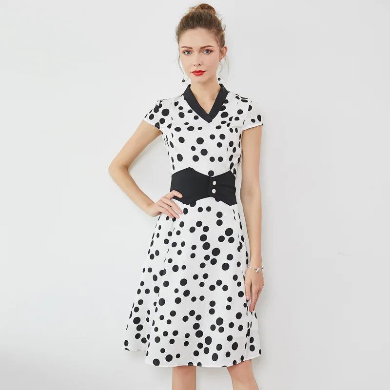 

Dress Women Spring Summer V-Neck Short Sleeves Fresh Polka Dot Printed Slim A-Line Waist Tape Dress Knee Length S-XL