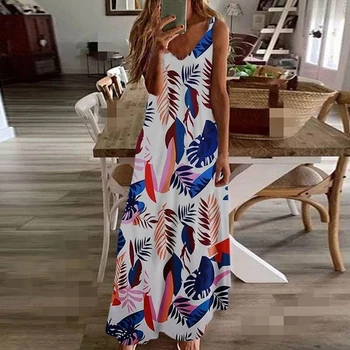 

2020 Summer Home Women Printed Dress Bohemian Plus Size 5XL Beach Dress Sexy Deep V Neck Sundress Sleeveless Long Vestidos