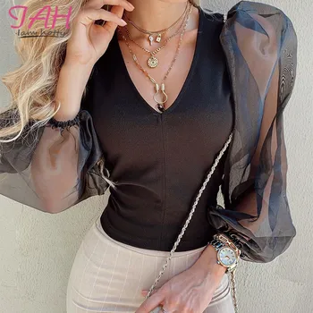 

IAMHOTTY Black V-Neck Puff Long Sleeve Bodysuit See Through Mesh Sexy Women Romper Skinny Fishnet Elegant Fashion Body Suits New