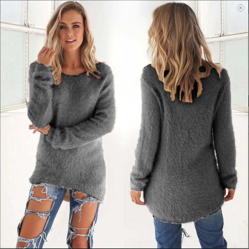 Плюс размер длинный рукав О образным вырезом плюшевый свитер для женщин асимметричный подол уличная Осень Зима Свободные повседневные теплые пуловеры женские топы - Цвет: 2129-Dark Grey