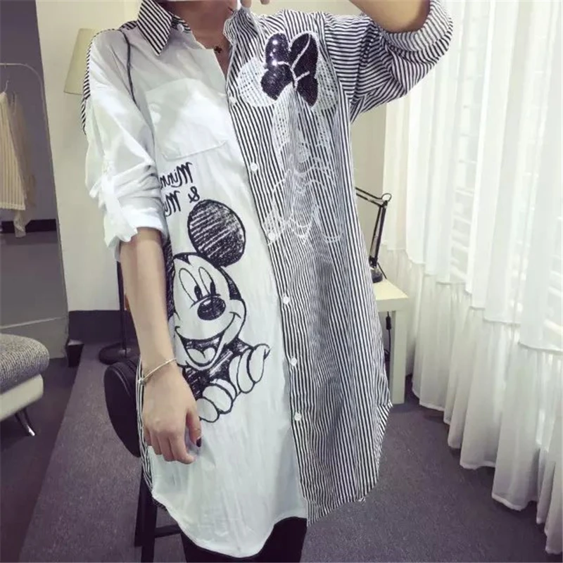 

Women Shirt Fashion Striped Stirching Shirts Long Sleeve Casual Loose Street Female Plus Size Midi Shirt Rollable Sleeves