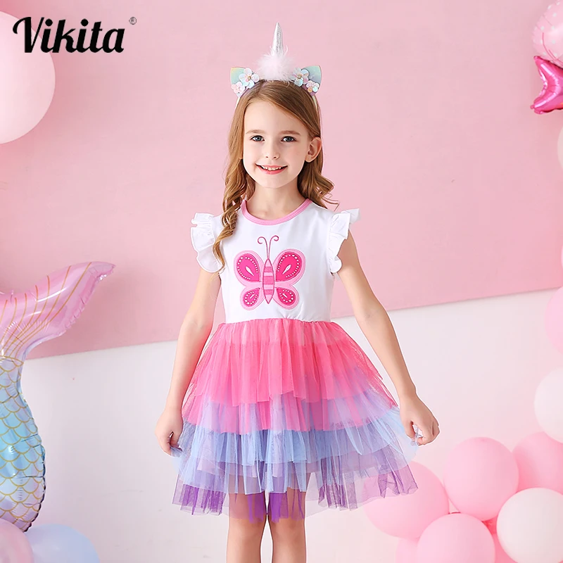 VIKITA Kids Summer Dress for Girls Tollders Princess Butterfly Tutu Dresses Children Birthday Party Layered | Детская одежда и