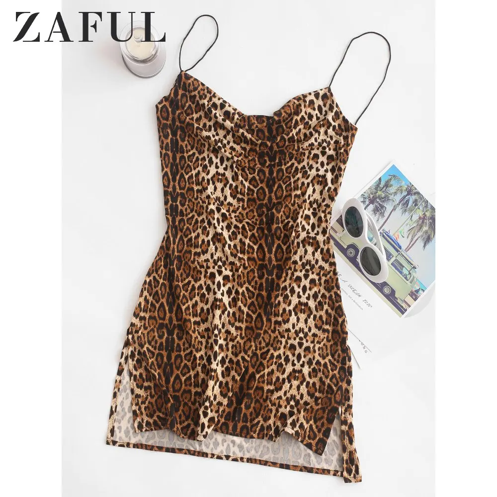 Женское платье с леопардовым принтом ZAFUL расклешенное на бретельках тонких